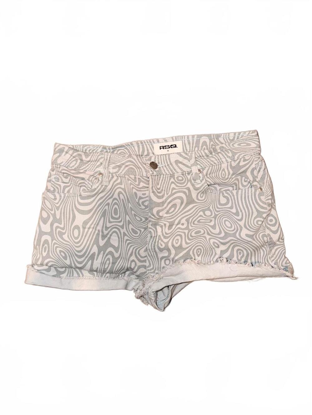 RSQ Denim Shorts Swirl Print Blue White Womens Size 29 Raw Hem